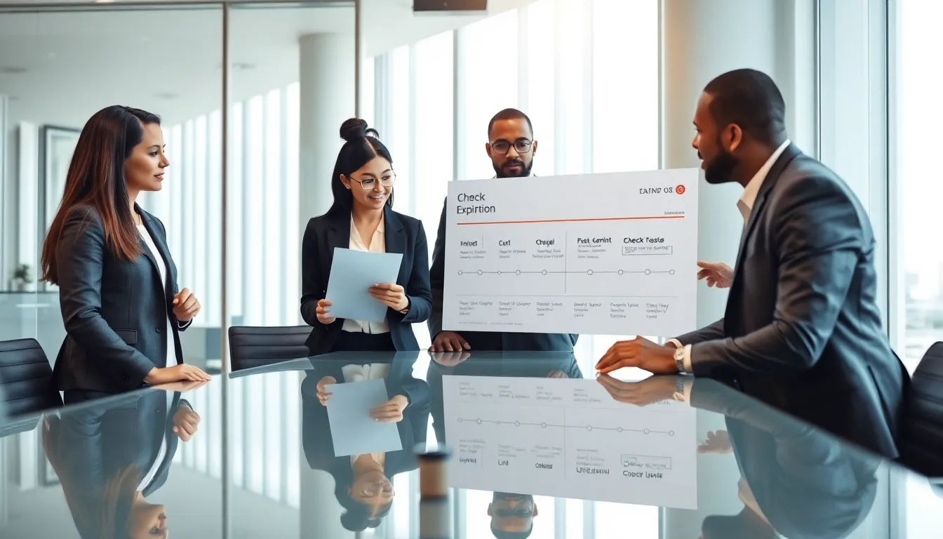diverse team discussing check expiration dates in a modern office.