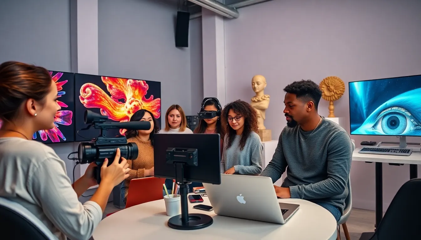 diverse artists collaborating in a modern studio with technology.