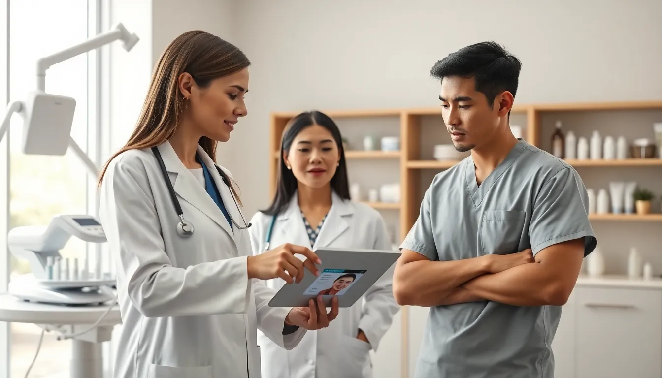dermatologist consulting a patient about acne recovery after Accutane treatment.