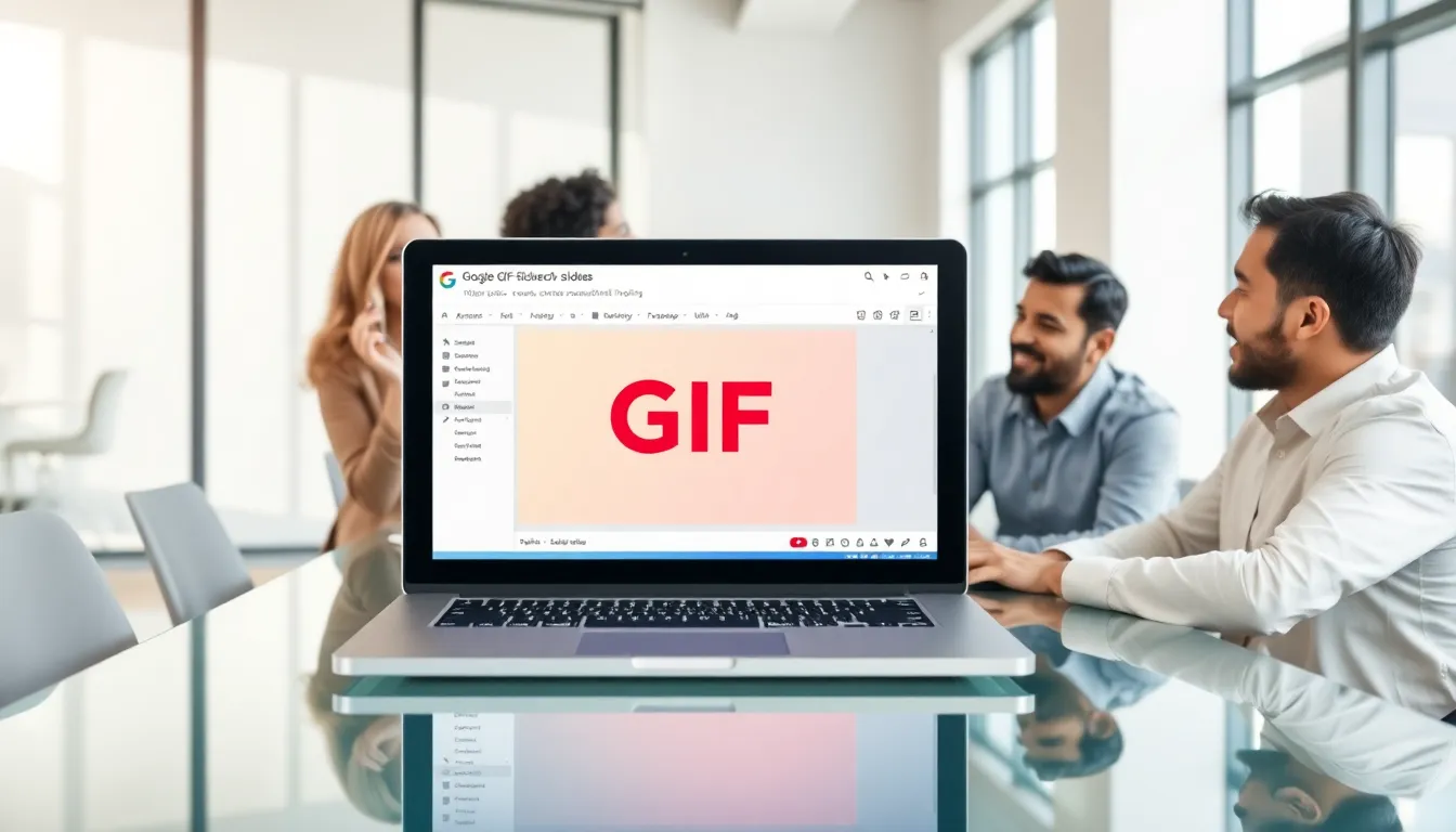 professionals discussing a Google Slides presentation with a GIF animation.